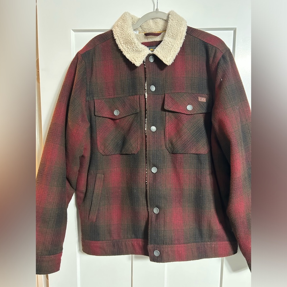 Billabong Men's Red and Black Checkered Jacket with Sherpa Collar